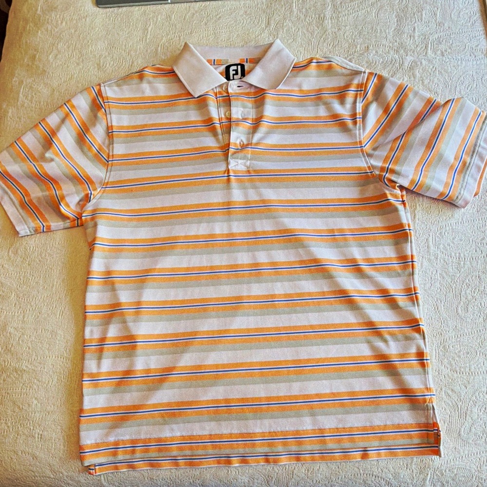 FJ Golf Men's Polo Shirt M Striped White Orange Blue Gray Stretch Collared